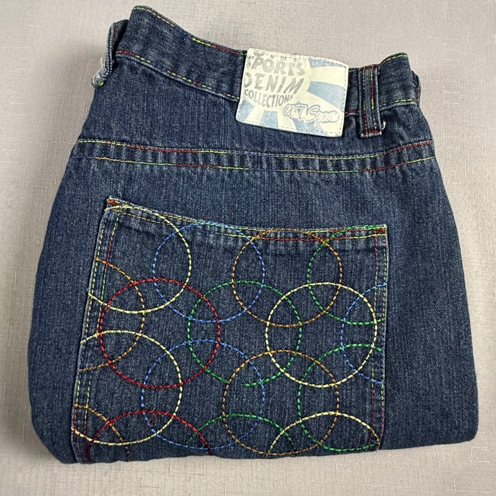Y2K UT Sports Denim Collections Rainbow Stitch Baggy Wide Leg Jeans Blue 37x31.5